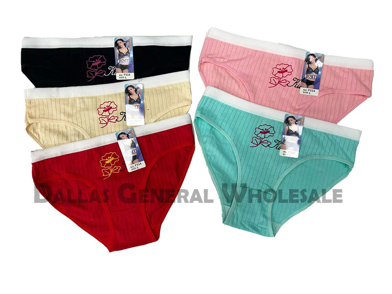 Women's Ribbed Cotton Bikini Panties with Floral Embroidery Wholesale