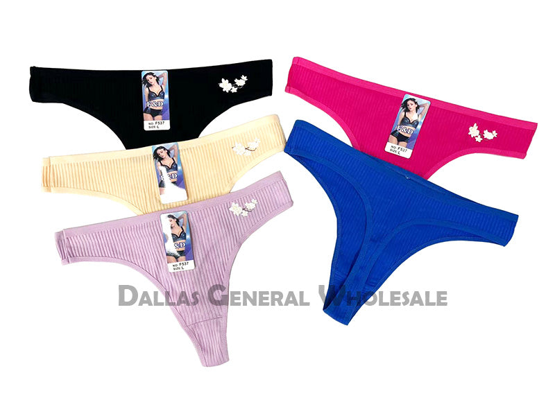 Women's Ribbed Thong Panties with Floral Applique - 5-Pack Assorted Colors