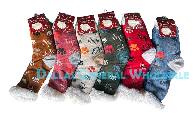 Women's Sherpa-Lined Paw Print Slipper Socks - Cozy Fleece Crew Socks Wholesale