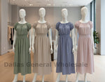 Women's Stripe Print Gathered Neck Smocked Waist Midi Dresses Wholesale