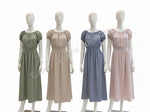 Women's Stripe Print Gathered Neck Smocked Waist Midi Dresses Wholesale