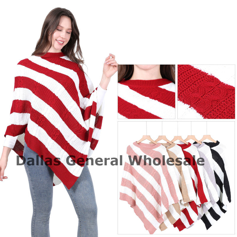 Women's Striped Cable Knit Poncho - Diagonal Stripe Pullover Sweater Wholesale