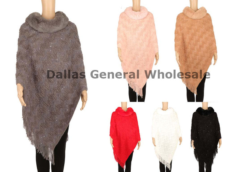 Women's Textured Knit Poncho with Fur Collar - Fringed Winter Wrap Wholesale