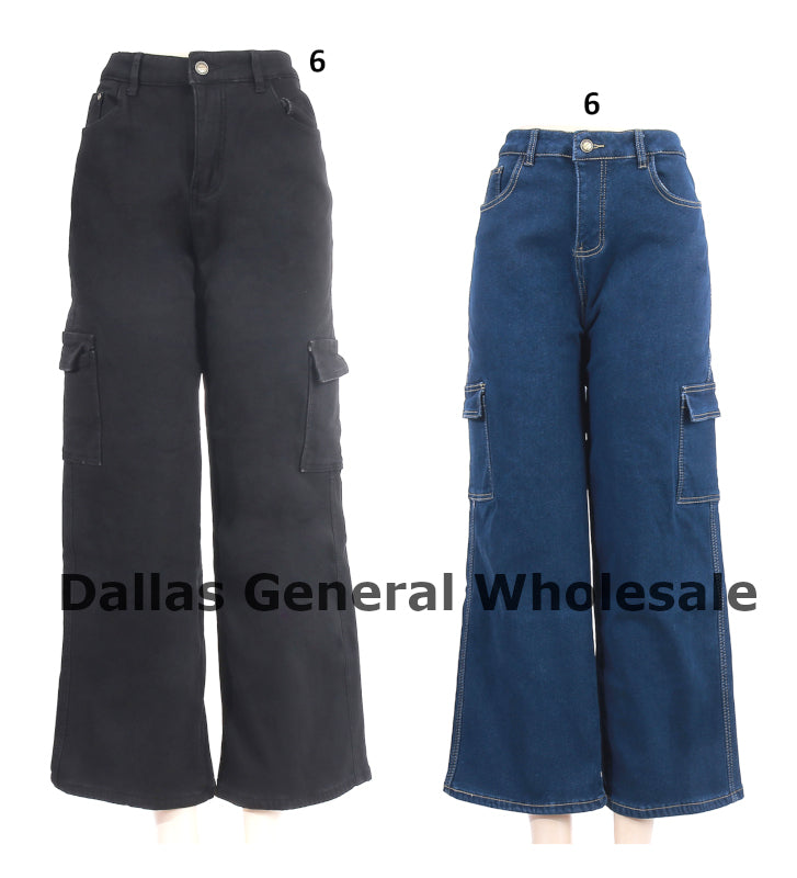 Women's Thermal Cargo Wide Leg Jeans - Fleece-Lined Utility Denim Pants Wholesale