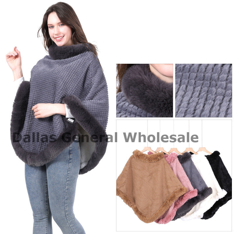 Women's Waffle Knit Poncho with Fur Trim - Textured Winter Wrap Wholesale