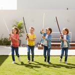 Four children running and smiling on a green lawn while holding toy swords in front of a modern outdoor wall. A semi-transparent 'Dilla General Wholesale' watermark is visible across the center.