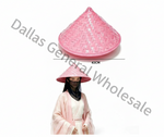 Pink woven conical hat shown above a model wearing it