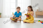 Yellow toy transformable sports car set with dimensions, packaging, and feature callouts on a white and yellow graphic layout. The product is shown in car and robot modes