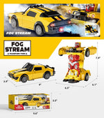 Yellow toy transformable sports car set with dimensions, packaging, and feature callouts on a white and yellow graphic layout. The product is shown in car and robot modes