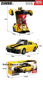 Toy robot and car with dimensions and packaging shown