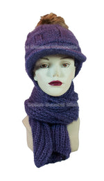 Ladies Knitted Pompom Visor Beanie Cap with Scarf Set Wholesale - Dallas General Wholesale