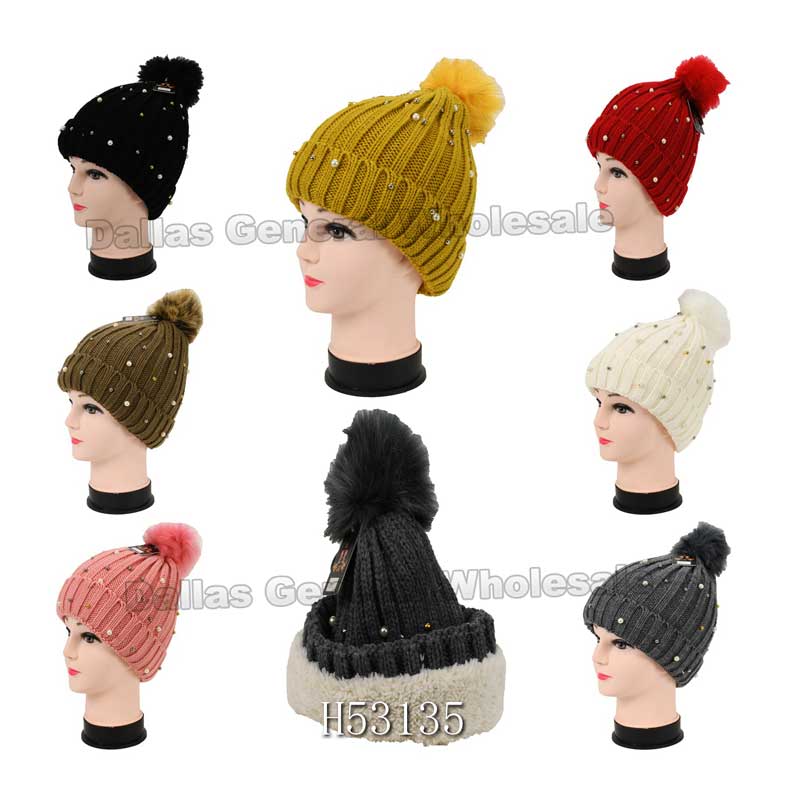 Girls Fashion Pearls Beanie Hats with Fuzzy Ball Wholesale - Dallas General Wholesale