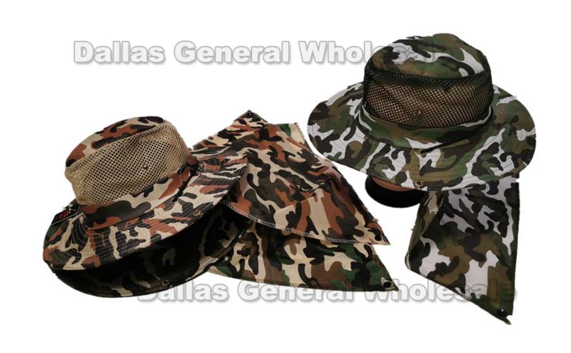 Camouflage Mesh Bucket Hats W/ Neck Cover Capes Wholesale
