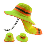 A set of high visibility reflective sun hats with neck cloaks in neon green and orange colors. The hats have wide brims and additional neck flap for sun protection.