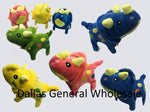 A collection of colorful battery-operated plush toy dinosaurs, specifically triceratops, displayed with a leash.