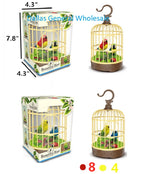 Wholesale package of sound and motion activated singing parrots in cages, with red birds in brown cages shown in different angles and packaging.