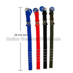 Three solid color pet collars laid out in order of blue, red, and black, each with a metal D-ring and metal buckle, displayed against a white background with the text '28 inch long' and 'Dallas General Wearhouse'.