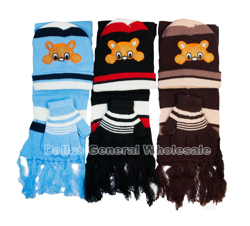 Little Peeking Bear Boys Beanie Gloves Scarf Set Wholesale - Dallas General Wholesale