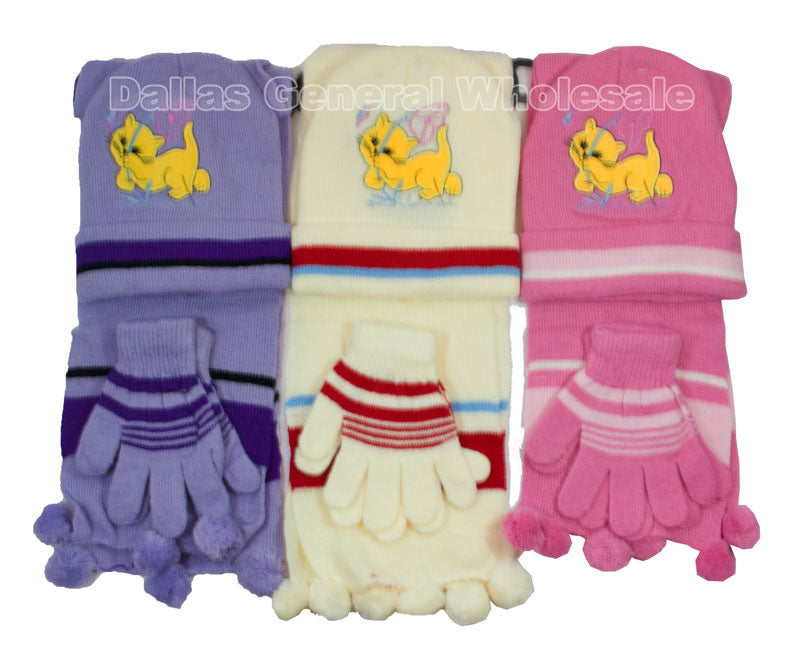 Little Girls 3 Pieces Cat Beanie Hat & Gloves & Scarf Set Wholesale - Dallas General Wholesale