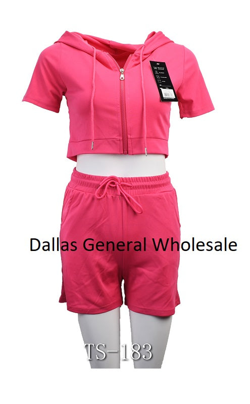 Casual Hoodie Crop Top w/ Short Matching Sets Wholesale