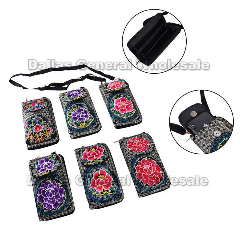 Embroidered Fashion Wallets w/ Phone Pocket Wholesale