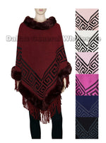 A collection of women's knitted winter ponchos in various colors, featuring a faux fur collar and bottom.