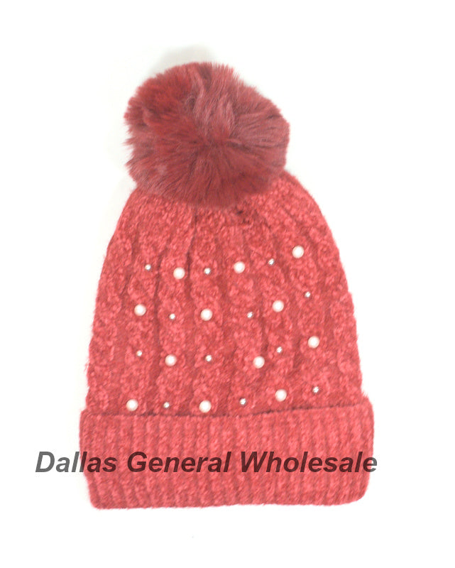 Ladies Fashion Thermal Pearl Beanie Hats Wholesale