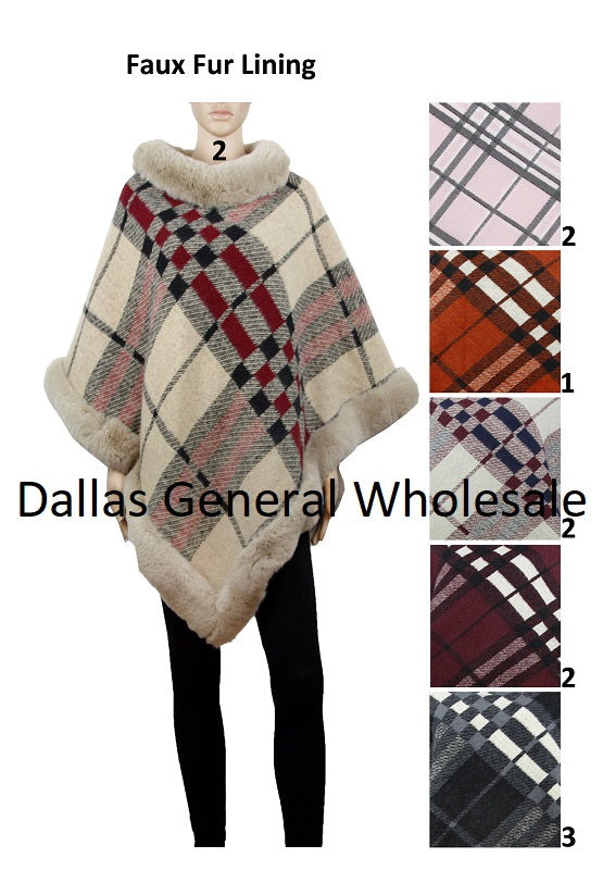 Women Trendy Plaid Fuzzy Sweater Ponchos Wholesale