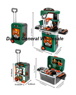 A toy tools suitcase luggage stand play set, featuring a green suitcase that can be transformed into a tools stand, with various accessories such as hand tools, screws, and a wood saw.