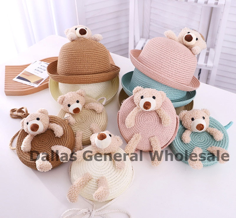 Little Girls Matching Bear Straw Hats & Shoulder Bag Set Wholesale