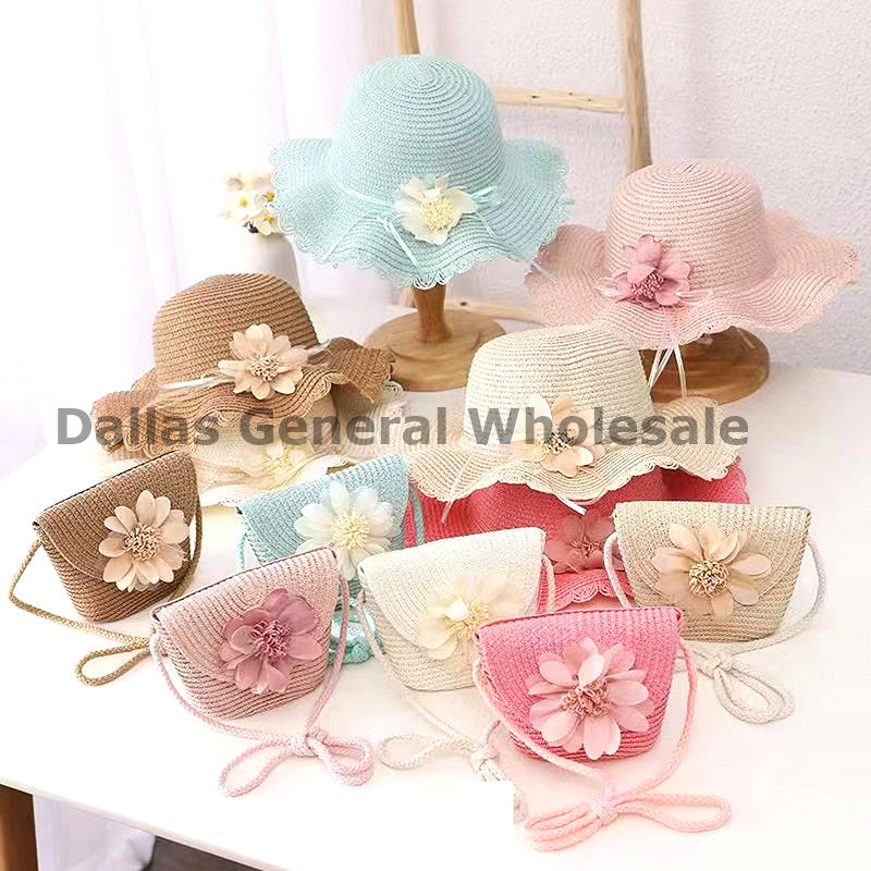 Little Girls Matching Floral Straw Hats & Shoulder Bag Set Wholesale