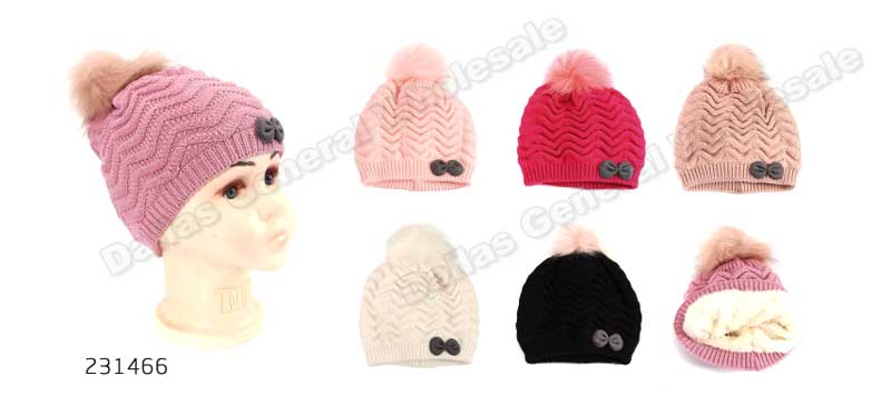 Little Girls Insulated Pom Pom Beanies Wholesale - Dallas General Wholesale