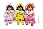Three toy baby dolls in polka dot dresses and hats, available in pink, yellow, and blue, each with a white base and polka dot design on the dresses.