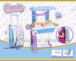 A toy 3-in-1 ice cream suitcase backpack play set, featuring a suitcase that can transform into a table, along with 31 accessory pieces for the ice cream stand. The set is primarily purple and blue, designed for young children.