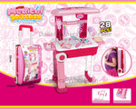 A pink toy medical station luggage and backpack play set for children, displayed with various medical toy tools and in different configurations.