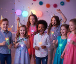 An assortment of flashing light-up mouth pieces designed to look like pacifiers, displayed in colors pink, green, blue, and yellow. These are novelty items, typically used for parties as shown in the image where a person is wearing one.