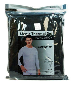 Men's 2pc 100% Cotton Thermal Underwear Set Long Johns-XL-Black