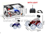 Remote control electronic stunt cars with lights and a radio control transmitter. The cars are displayed with and without lights, showing dimensions and colors including blue, red, and white.
