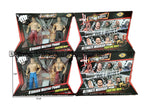A set of four toy wrestler figures in a window box display, with packaging showcasing the figures and branding.