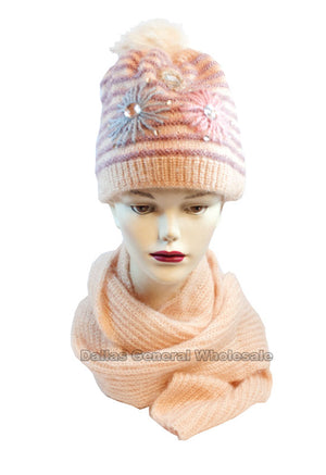 Women's Studded Flower Knitted Beanie Hat with Scarf Set Wholesale - Dallas General Wholesale