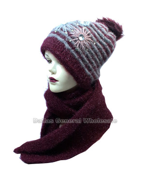 Women's Studded Flower Knitted Beanie Hat with Scarf Set Wholesale - Dallas General Wholesale